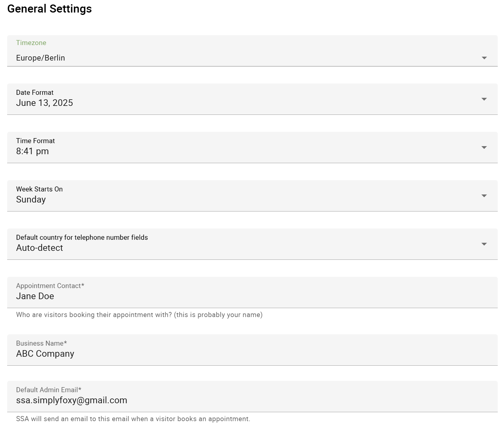 The screenshot displays the SSA General Settings Page