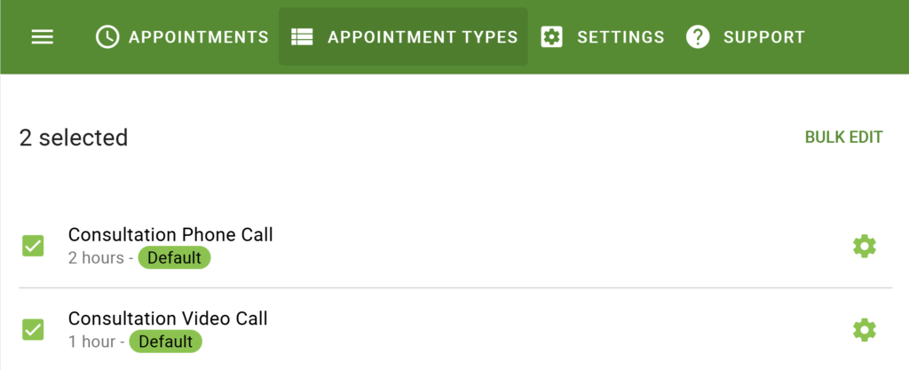 Bulk Edit option appears if you select the bookmarks to the left of the appointment types' names.