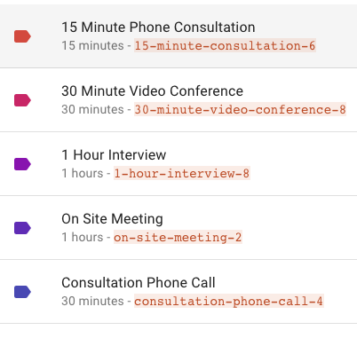 Screenshot of list of appointment types