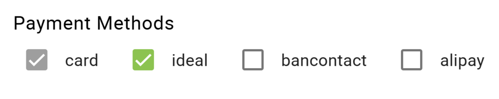Payment methods depicting the card, ideal, bancontact, and alipay methods.