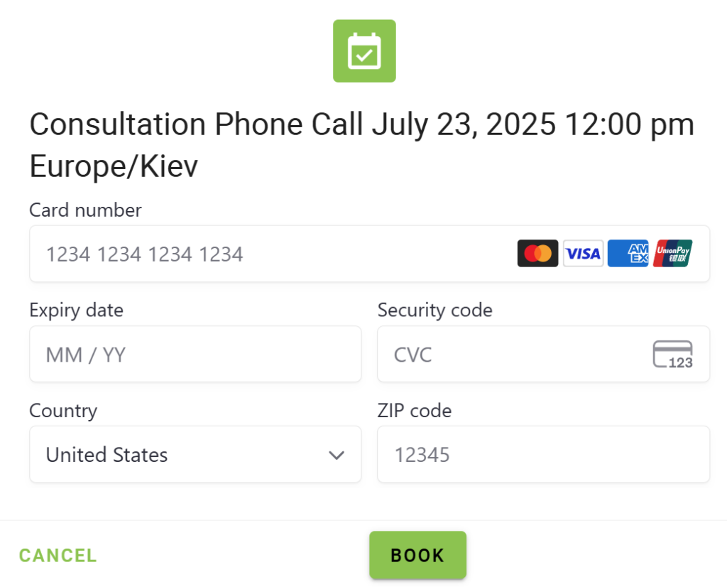 Payment options in Stripe payments Modal screen.