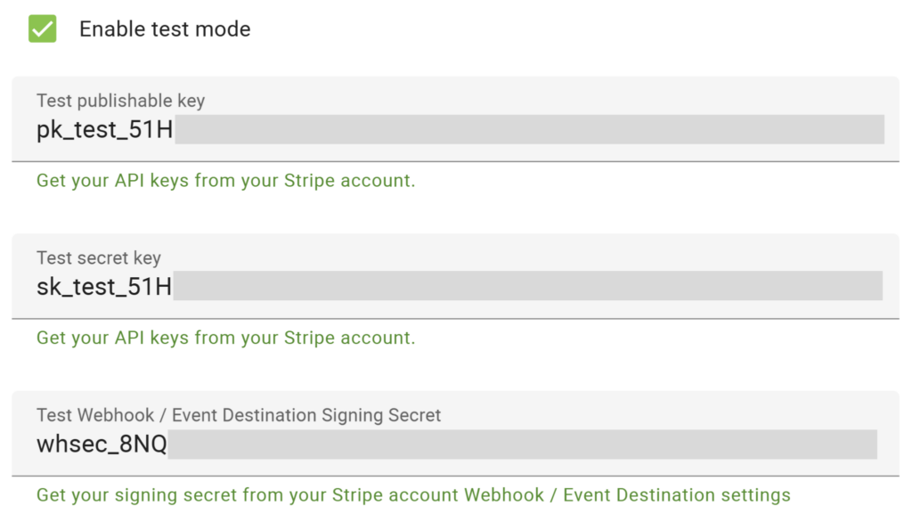 Screen shot of the test mode settings for Stripe