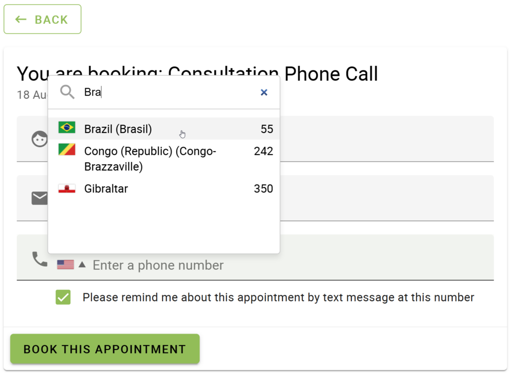 Searching for the country in the Country Search option for the Phone field.