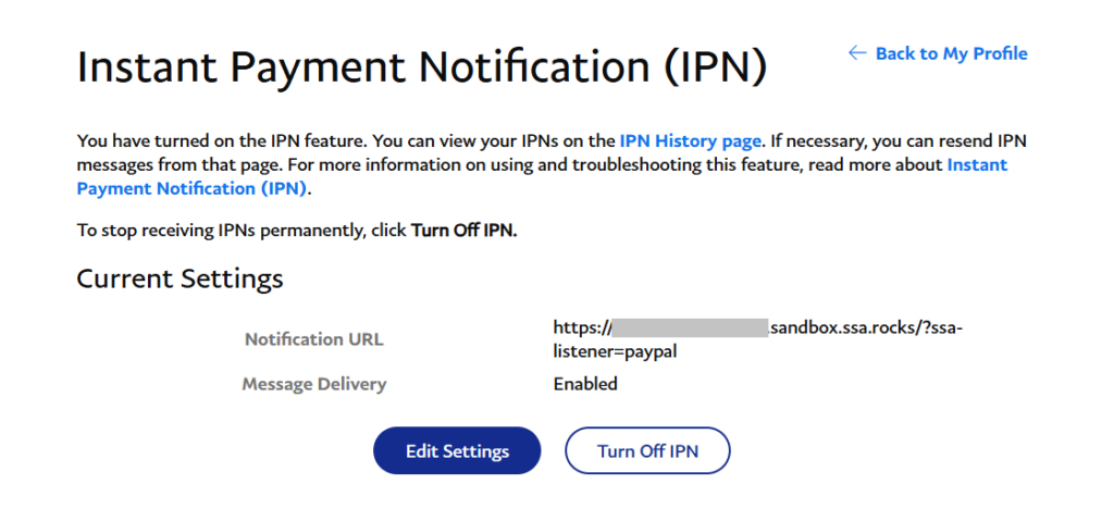 PayPal IPN settings enabled and set.