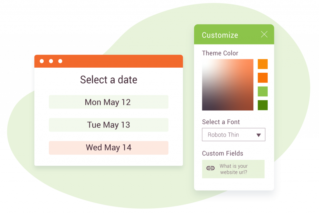 Illustration showing the simplified customization options for Simply Schedule Appointments including the accent color, font, and custom field settings.