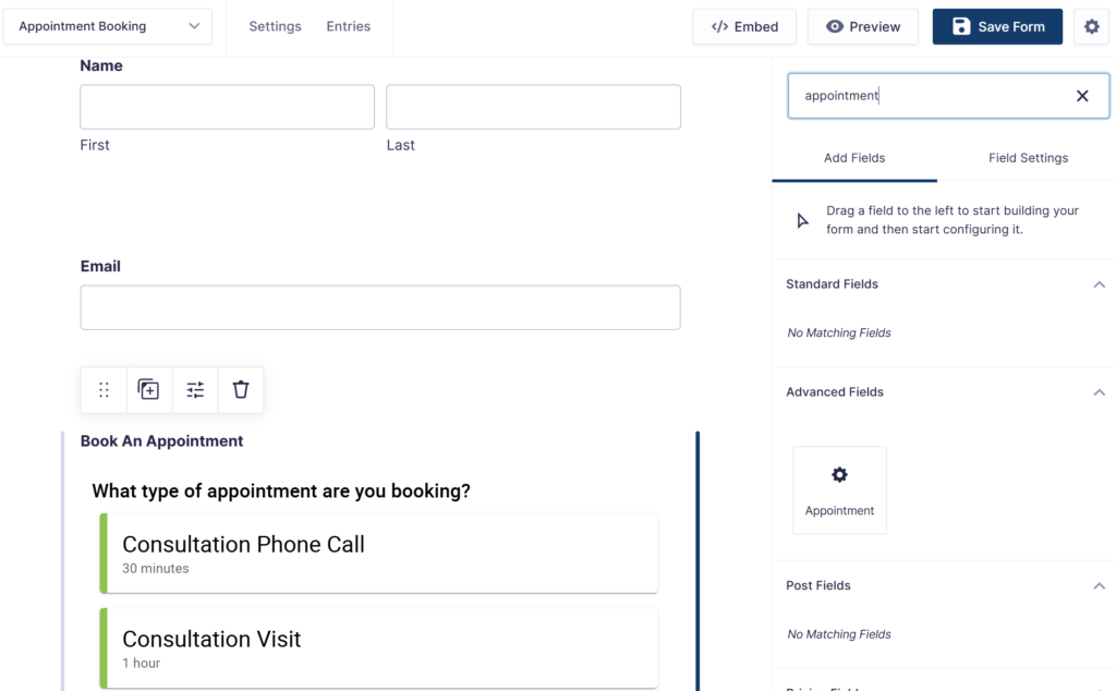 Appointment field from Gravity Forms selected and displayed