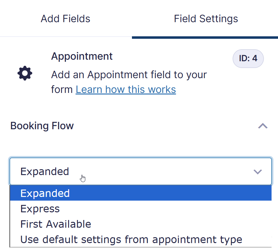 Selecting the booking flow view from the Gravity Form appointment's option.