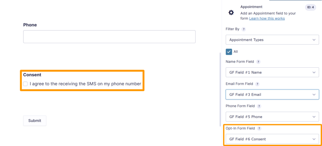 The screenshot displays the Consent field setup with GF for SSA SMS opt-in