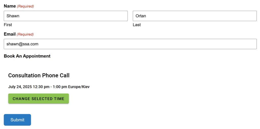 The Gravity Form has been filled in with details