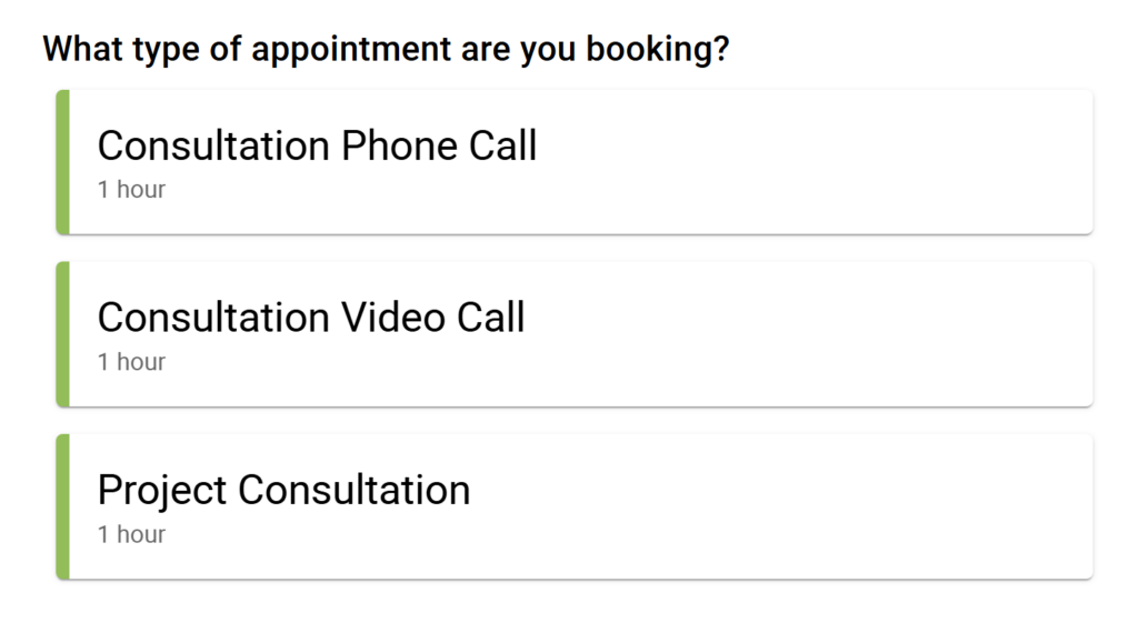 List view of appointment types.