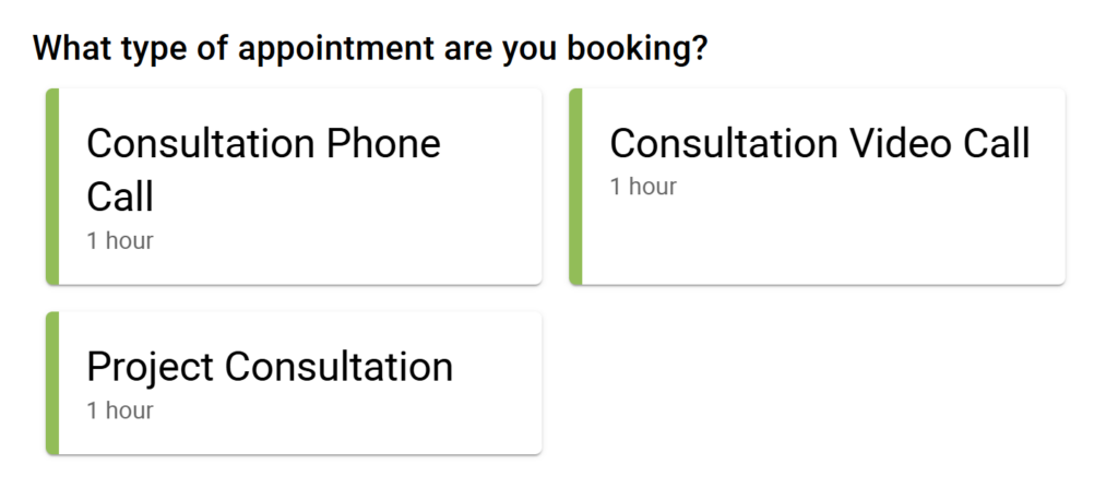Two-column display of appointment types.