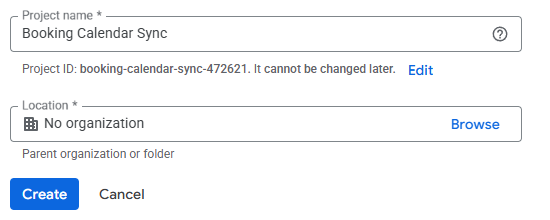 Adding the Project Name and leaving the Location as No Organization