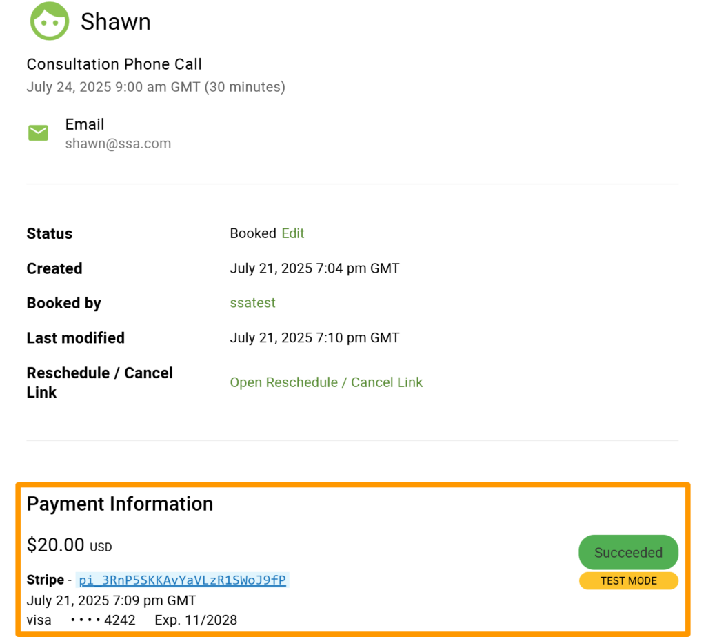 Payment details listed on the appointment page.