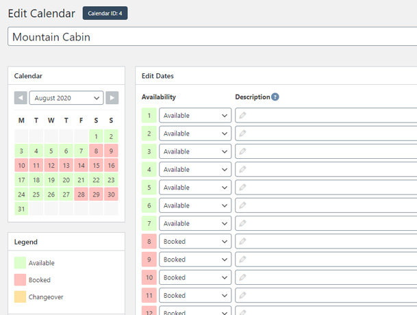 The WP Simply Booking Calendar WordPres Settings screen