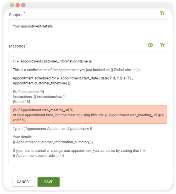 Screenshot of notification editor displaying the Twig Template implemented