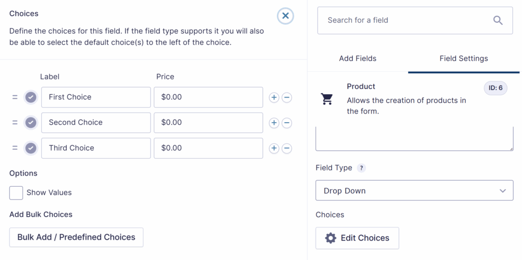 Default options for the Option field