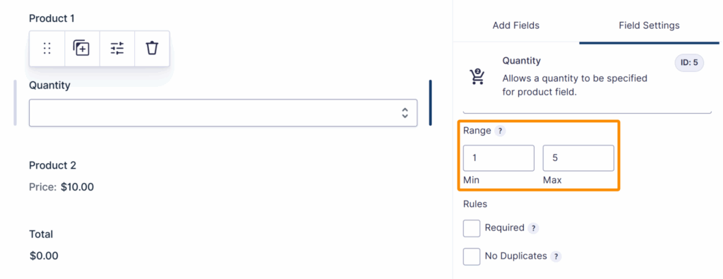Setting the Product Range for the Quantity Field