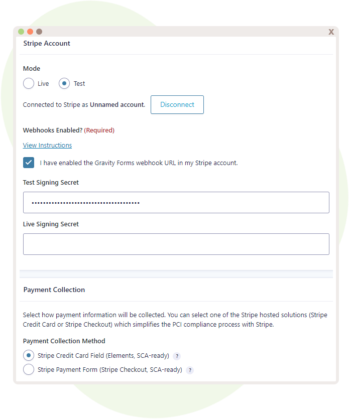 Stripe Account settings set to Test Mode with a checkbox for enabling Gravity Forms webhook URL