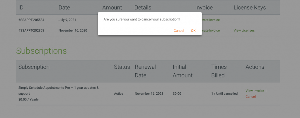 Confirming the cancel request for the subscription