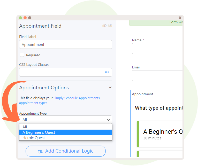 Field options for Appointment Field where the Appointment Type can be specified.