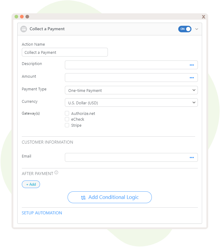 The possible options for the Action, "Collect a Payment", displaying some fields that can be mapped and currencies and gateway options.