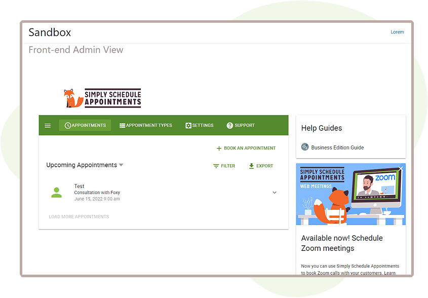 Front-end admin dashboard embedded on a page