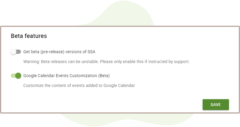 Toggle on the Google Calendar Events Customization beta feature.