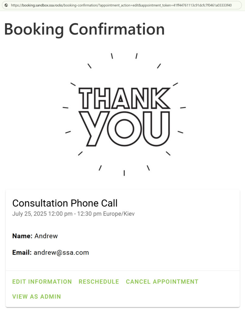 The Booking Confirmation re-directed page