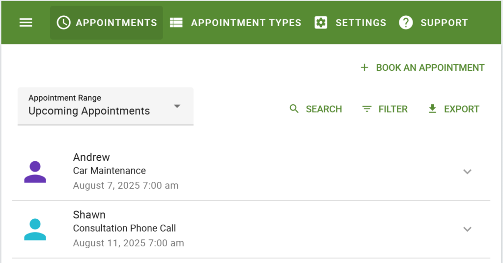 Appointments showing with the labels applying the colors.