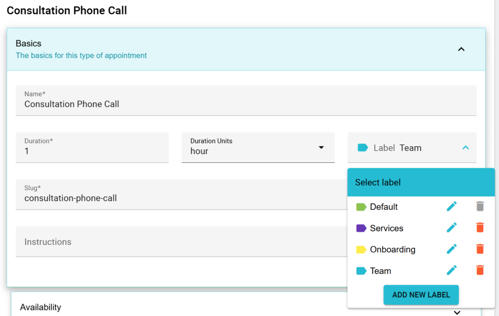 Label shown as applied to Appointment Type.