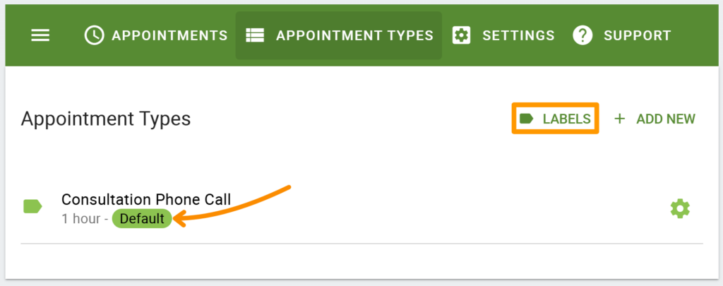 Labels feature being pointed out under Appointment Type.