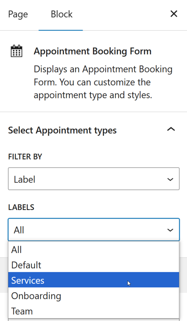 Labels can be selected in the block editor.