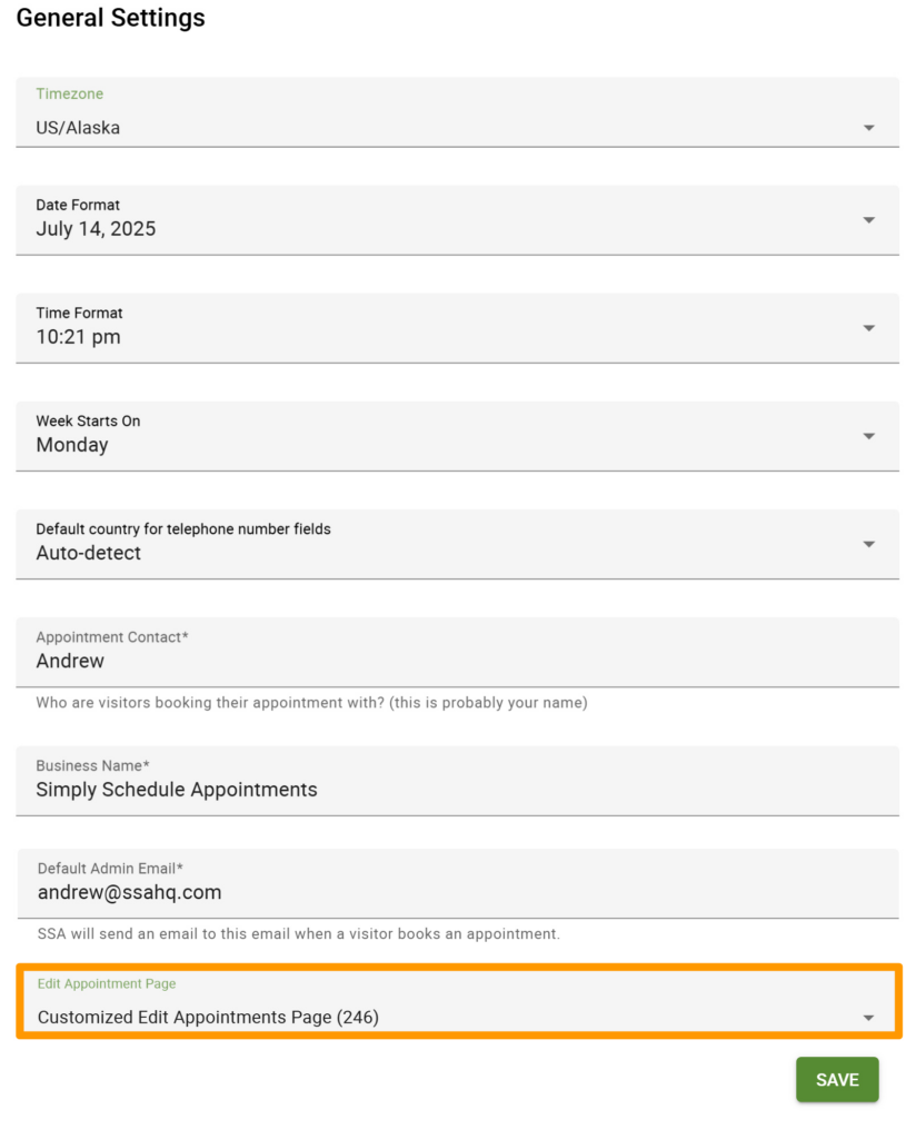 Edit Appointment Page Field in General Settings