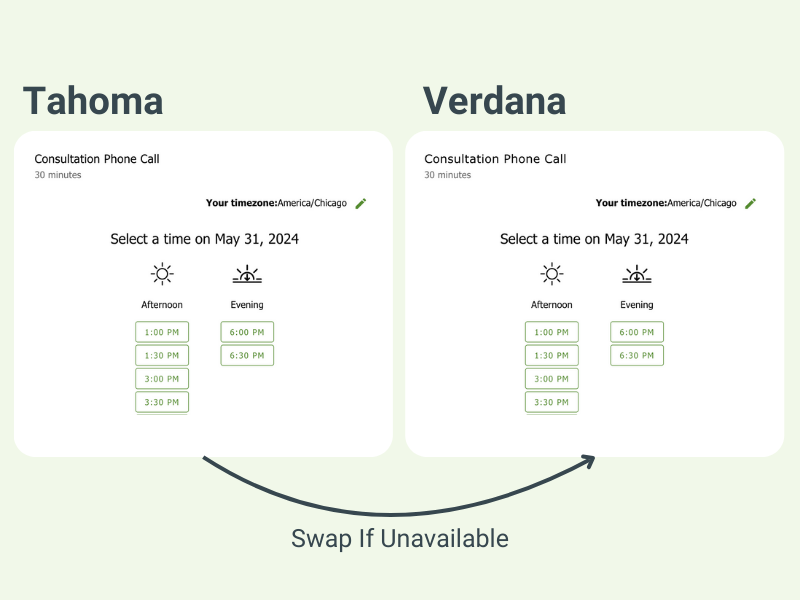 Side-by-side comparison of the time selection screen in the booking calendars using the Tahoma and the Verdana fonts.