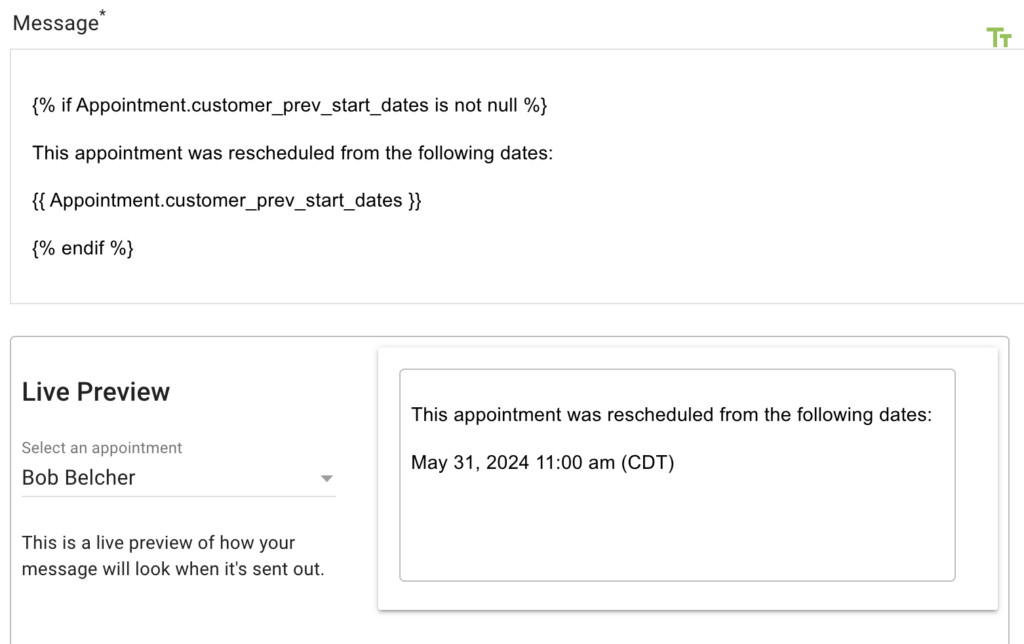 Email Message field including the new Twig and showing the side-by-side preview of what it looks like after processing.