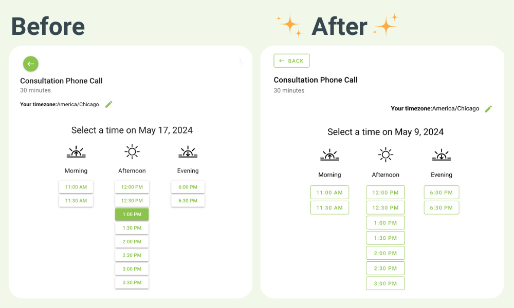 Visual comparison of the date selection screens between the old and new booking apps.