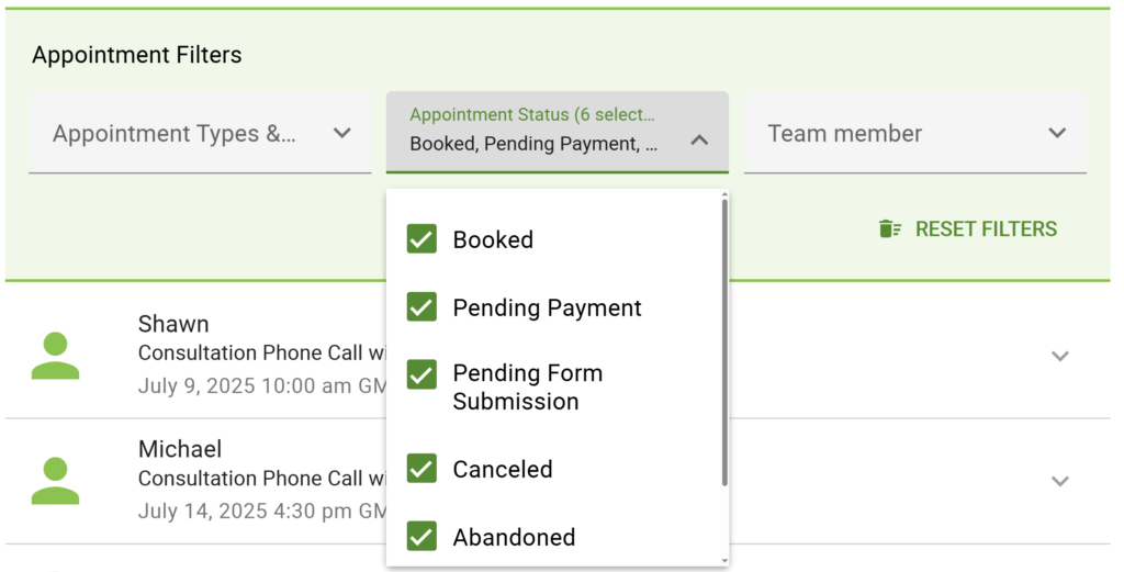 Filtering appointments by their appointment status to check for pending and abandoned bookings.